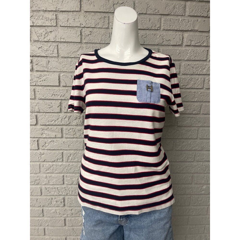 Tommy Hilfiger Women Red White & Blue Striped T-Shirt Size M